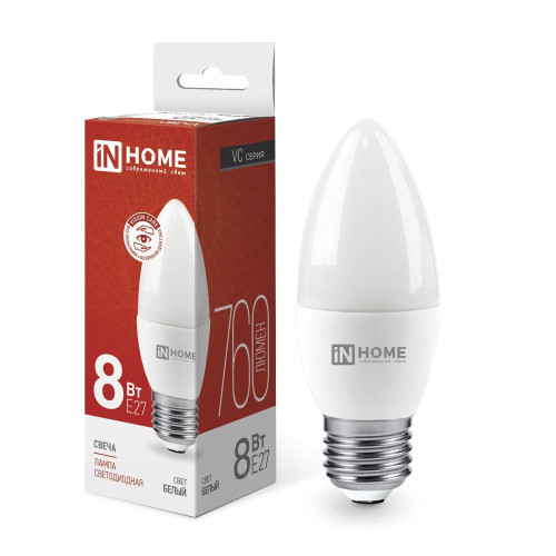 Лампа светодиодная LED-СВЕЧА-VC  8Вт 230В Е27 4000К 600Лм IN HOME