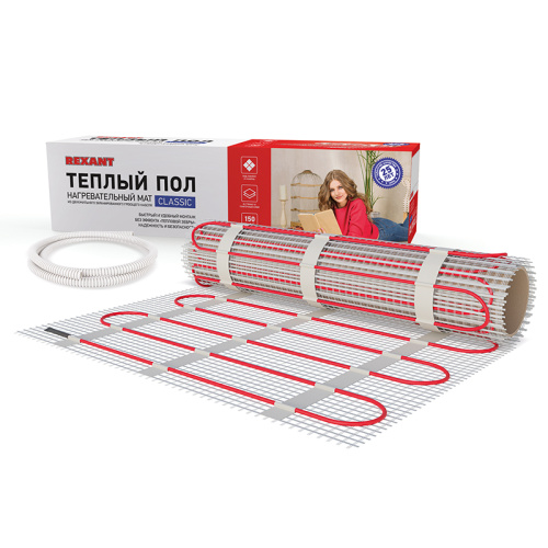 Тёплый пол 4,8 мм (нагревательный мат) REXANT Classic RNX - 1,0 м2 - 150Вт (двухжильный с экраном)