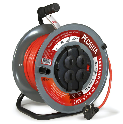 Удлинитель силовой на металлической катушке, СУ-3х1,5-50/3, 3500Вт, (с выкл., 4 розетки, IP44) Ресанта, 61/118/8