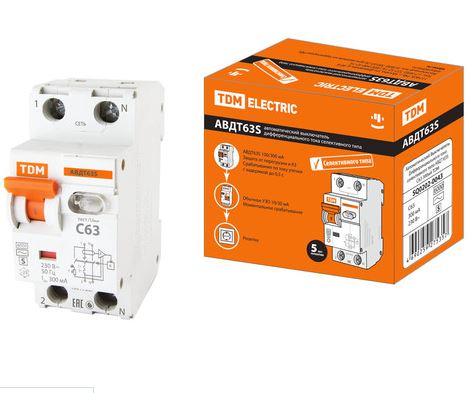 АВДТ 63S C63 300mA TDM SQ0202-0043 (Автомат + УЗО защита по пожаробезопасности) селективного типа