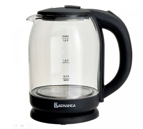Чайник эл. ВАСИЛИСА ВА-1034, корпус из жаропр. стекла, ЧЁРНЫЙ, 1500Вт, 1,8л