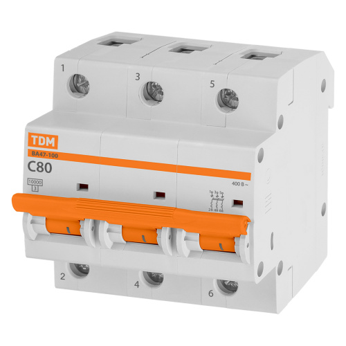 Автоматический выключатель ВА47 - 100 3Р  80 А 10 кА х-ка С TDM SQ0207-0076