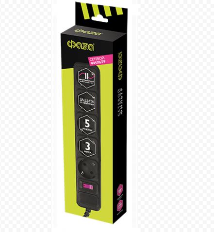 Сетевой фильтр ФAZA FOP-05GS-300  (5р,3м)  сечение кабеля 3х0,75 мм, 2200W, защита от перегрузки, bk-черный