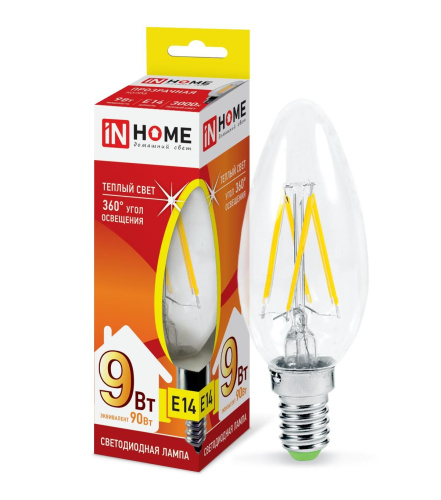 Лампа светодиодная LED-СВЕЧА-deco 9Вт 230В  Е14 3000К 810Лм прозрачная IN HOME
