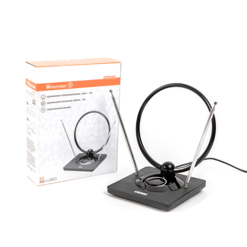 Антенна комнатная DVB-T2/ ДМВ+МВ/ FM активная СИГНАЛ SAI 963, усы 1м, кабель 3м, 15-30dB (23393)