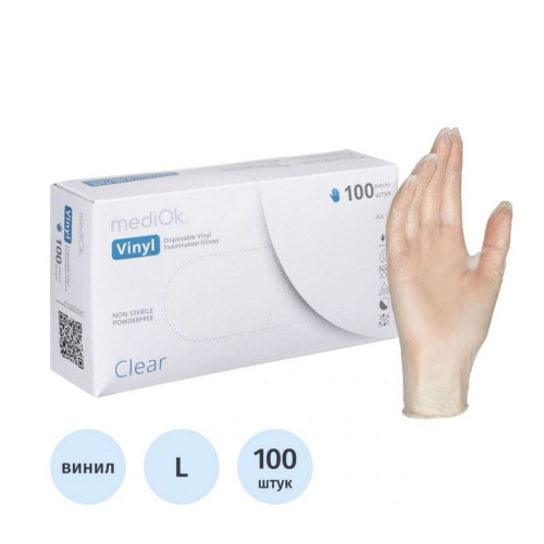 Перчатки медицинские смотровые виниловые MediOk неопудренные размер M (7-8) бесцветные, 1805593