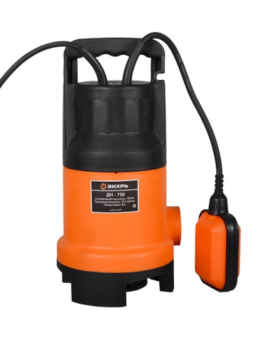 Дренажный насос "ВИХРЬ" ДН-750, 750Вт, макс. высота подъёма 8 метров, 15,3 м3/час (чистая и грязная вода), 68/2/2