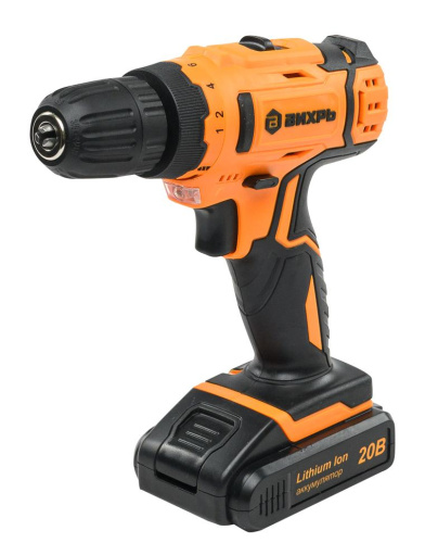Дрель-шуруповерт аккумуляторная "ВИХРЬ" ДА-20Л-2К (2,0 А/ч) (Li-ion, 50Нм) 2 скорости, кейс, 2 аккум.,  72/14/21