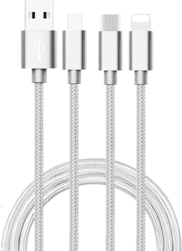 Шнур USB A 2.0-USB Type-C,USB B micro,Lightning, 1 м (шт/шт), серебряный, Атом, (БЫСТРАЯ ЗАРЯДКА), 31037