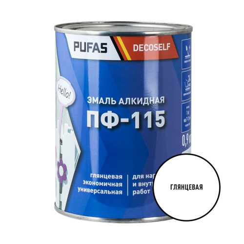Эмаль Pufas Decoself ПФ-115 белая (0,9 кг), (дерево, штукатурка, ДСП, ДВП, камень, кирпич), тов-200161