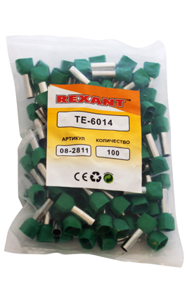 НАКОНЕЧНИК ШТЫРЕВОЙ ВТУЛОЧНЫЙ 2х6мм² изолированный F-14мм (НШВи(2) 6. 0-14 / НГи2 6, 0-14) зеленый REXANT