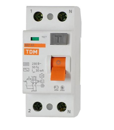 Выключатель дифференциальный (УЗО) 2-полюсное 25А 30мА (ВД1-63) TDM SQ0203-0008