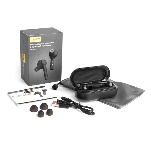 Наушники беспров. внутриканальные АТОМ-E1, Bt 5.0, раб.до 5ч, ф-ция гарнитуры, на ножке, кейс, Atom, 14114