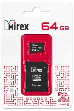 Карта памяти MIREX micro SDXC 64Gb (UHS-I, Class 10) c/а