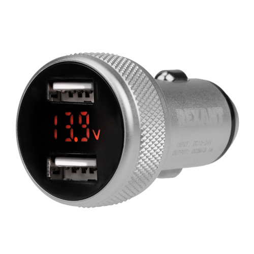 Автозарядка в прикуриватель 2хUSB с дисплеем (АЗУ) (1000+2100 mA) серебристая REXANT