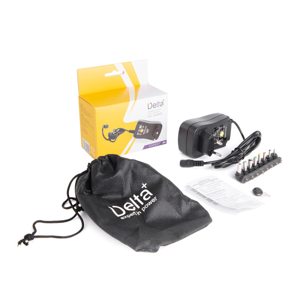 Блок питания 3-12V 1500mA имп. [ETL-3121500], съем. штекеры, полярность +, Delta+, цв. коробка