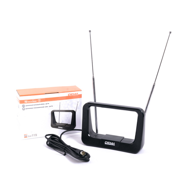 Антенна комнатная DVB-T2/ ДМВ+МВ активная СИГНАЛ SAI-119, усы 1м, кабель 3м, 28dB (18889)