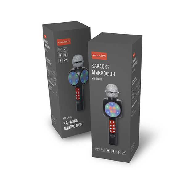 Караоке-микрофон Atom KM-1100L, 3Вт (моно), АКБ 1800мА/ч, Bluetooth - 4.1 (до10м), USB,AUX, беспр.микроф.