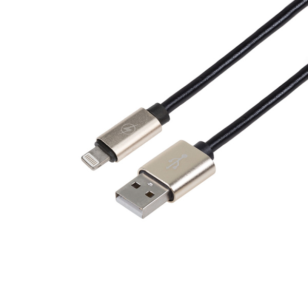 USB кабель для iPhone 5/6/7/8/X моделей, шнур в кожаной оплетке черный