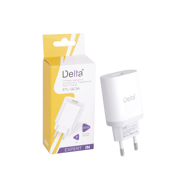 Блок питания [ETL-QC3A] 18Вт, QC3.0, Delta+, цв. коробка, белый, (БЫСТРАЯ ЗАРЯДКА), 30233
