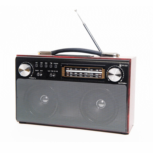 Радиоприемник "БЗРП РП-322", УКВ 64-108МГц, бат.4*R20, 220V, акб 1400mA/h, USB/SD/microSD/AUX/BT, 2 динамика, стерео