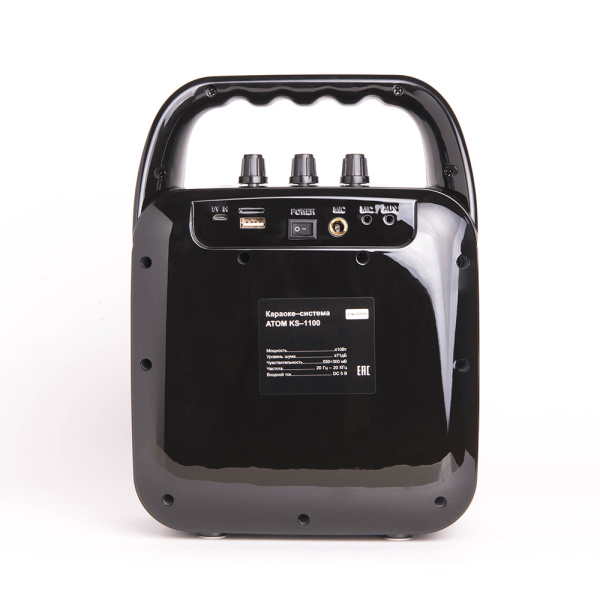 Караоке-система Atom KS-1100, 10Вт, АКБ 2400мА/ч, BT (до12м), USB, microSD, AUX, беспр.микроф.