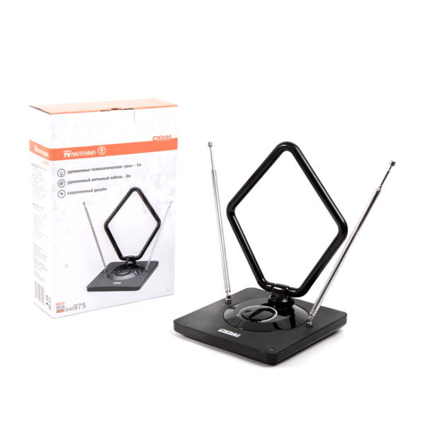 Антенна комнатная DVB-T2/ ДМВ+МВ/ FM активная СИГНАЛ SAI 975, усы 1м, кабель 3м, 15-30dB (23394)