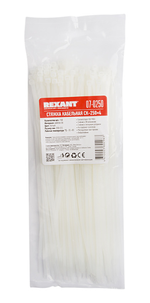Хомут nylon 3.6 х 250 мм 100 шт белый  REXANT