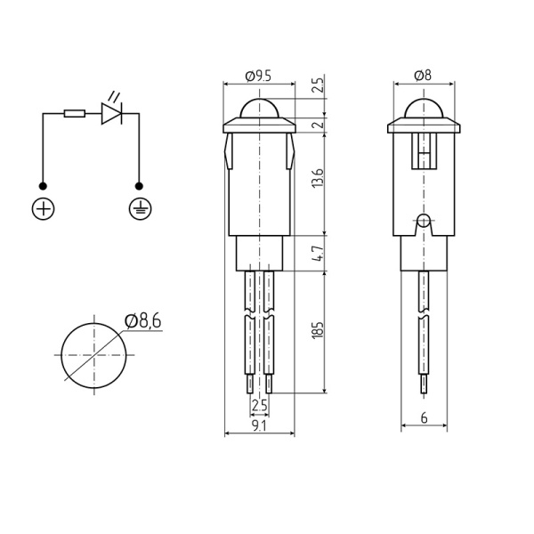 Индикатор Малый Ø8 12V с проводом синий LED REXANT