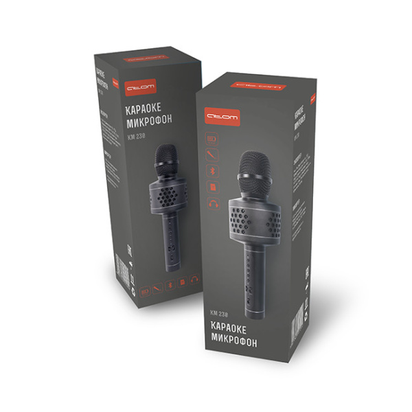 Караоке-микрофон Atom KM-230, 6Вт (стерео), АКБ 2000мА/ч, BT- 4.2 (до10м), microSD, AUX, беспр.микроф.