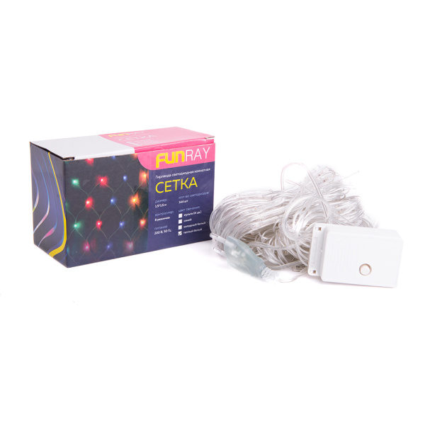 Гирлянда светод. «Cетка» ML-144WW, 1.5*1.5м, 144 LED, тепл.белый, IP20, прозрачный шнур 1,5м, Funray