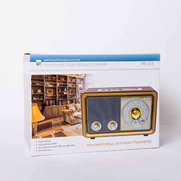 Радиоприемник "БЗРП РП-324", УКВ 64-108МГц, бат. 2*R20, 220V, USB/microSD/AUX, лупа