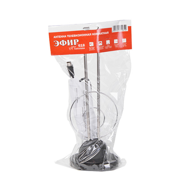 Антенна комнатная ДМВ+МВ пассивная с кольцом Эфир SE-618 усы 1м кабель 1м, 5-8 дБ