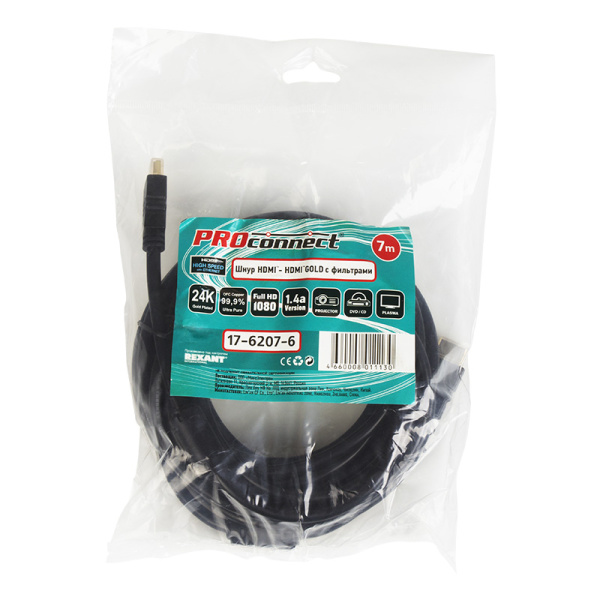 Шнур  HDMI - HDMI gold  7М с фильтрами (PE bag) PROCONNECT