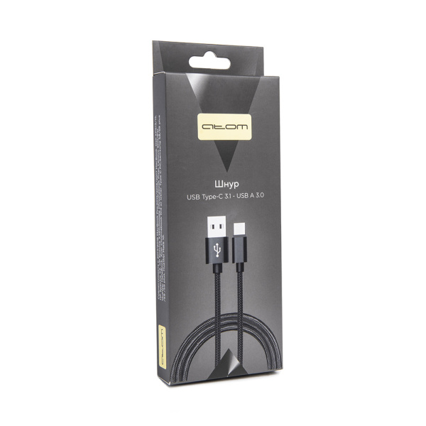 Шнур USB Type-C 3.1 - USB А 3.0, 1,8 м (шт/шт), черный, Атом, (БЫСТРАЯ ЗАРЯДКА), 31024