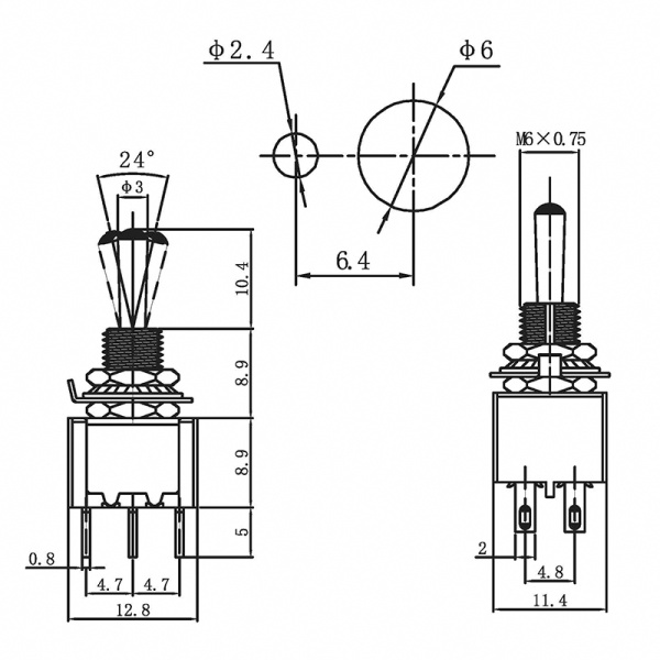 Тумблер 250V 3А (6c) ON-ON двухполюсный Micro (MTS-202) (уп. 10шт.)
