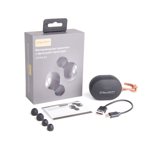 Наушники беспров. внутриканальные АТОМ-E2, Bt5.0, раб. до 5ч, защита IPX4, кейс, Atom, 14112