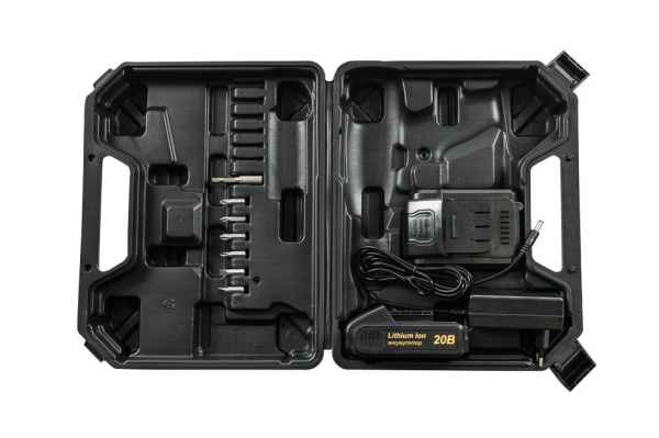 Дрель-шуруповерт аккумуляторная "ВИХРЬ" ДА-20Л-2К (2,0 А/ч) (Li-ion, 50Нм) 2 скорости, кейс, 2 аккум.,  72/14/21