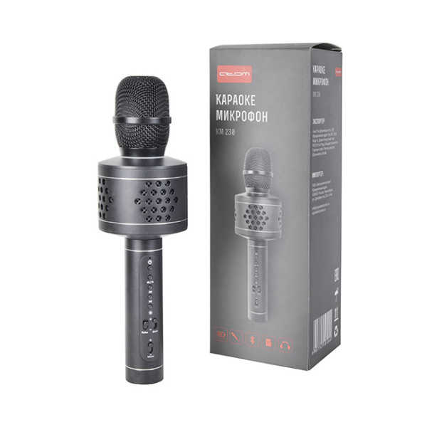 Караоке-микрофон Atom KM-230, 6Вт (стерео), АКБ 2000мА/ч, BT- 4.2 (до10м), microSD, AUX, беспр.микроф.