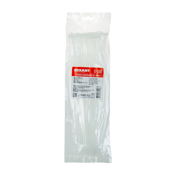 Хомут nylon 3.6 х 300 мм 100 шт белый  REXANT