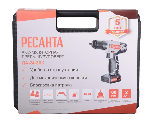 Дрель-шуруповерт аккумуляторная ДА-24-2ЛК Ресанта, 75/14/7
