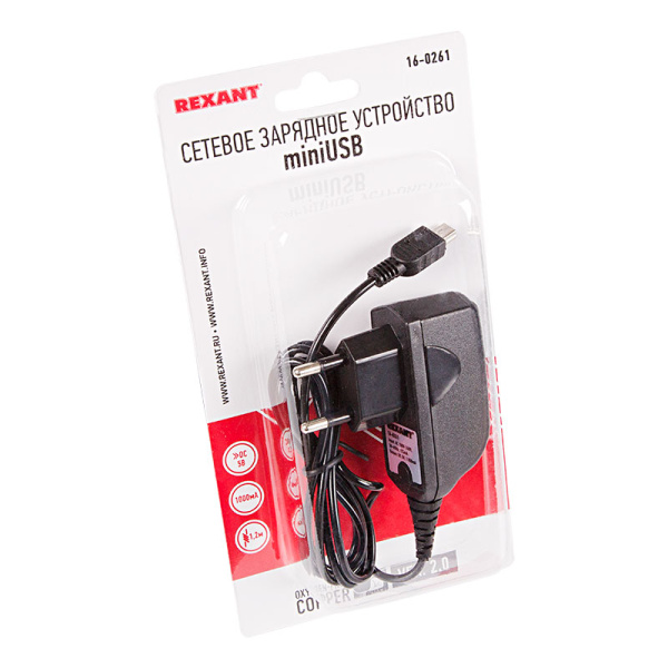 Сетевое зарядное устройство miniUSB 220В (СЗУ) (5V, 1 000mA) шнур 1.2М черное Rexant