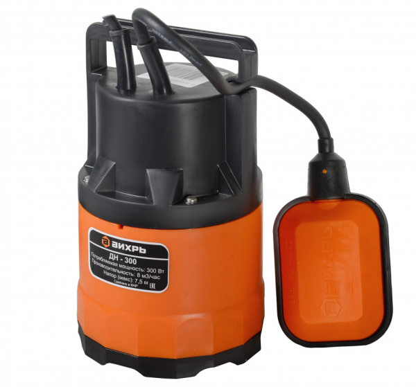 Дренажный насос "ВИХРЬ" ДН-300, 300Вт, макс. высота подъёма 8 метров, 11м3/час (чистая вода), 68/2/6