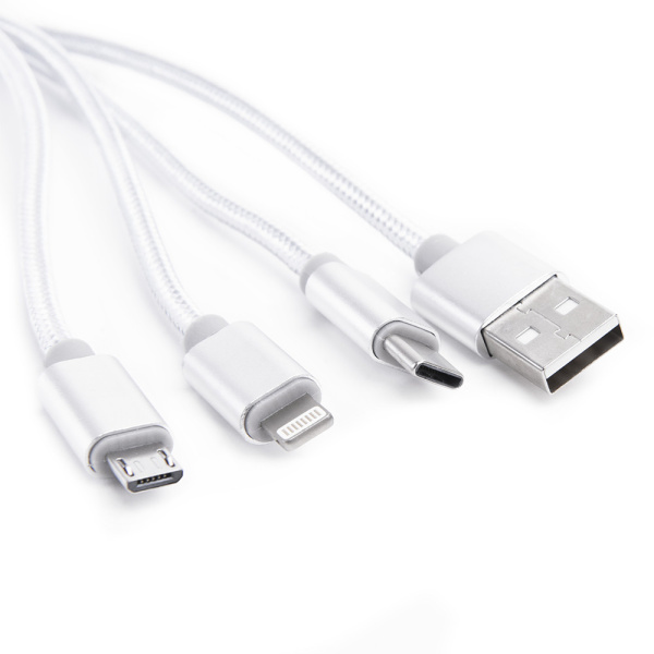 Шнур USB A 2.0-USB Type-C,USB B micro,Lightning, 1 м (шт/шт), серебряный, Атом, (БЫСТРАЯ ЗАРЯДКА), 31037