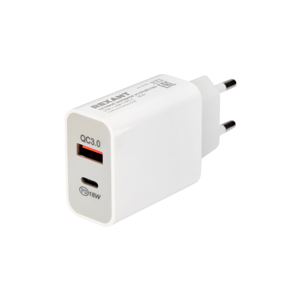 Сетевое зарядное устройство REXANT USB-A+USB-C адаптер, 18W белое, быстрая зарядка