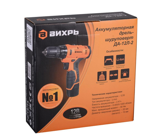 Дрель-шуруповерт аккумуляторная ДА-12Л-2 (2,0 А/ч) Вихрь, 72/14/14