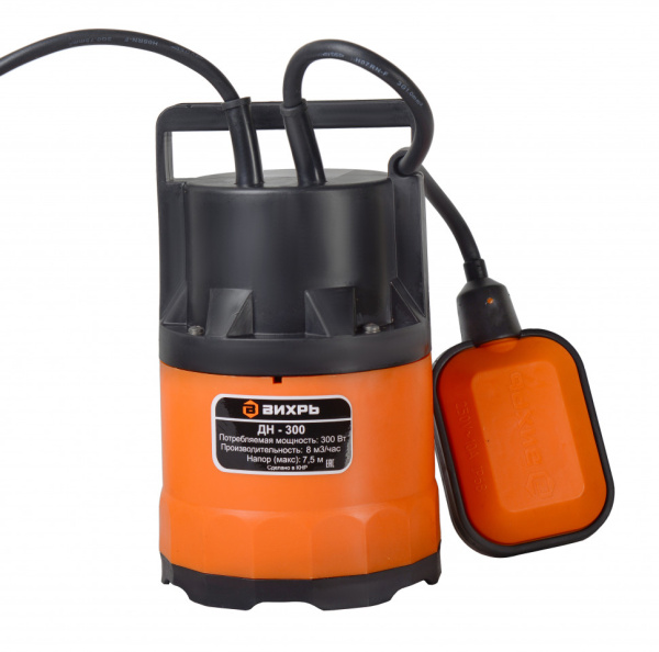 Дренажный насос "ВИХРЬ" ДН-300, 300Вт, макс. высота подъёма 8 метров, 11м3/час (чистая вода), 68/2/6