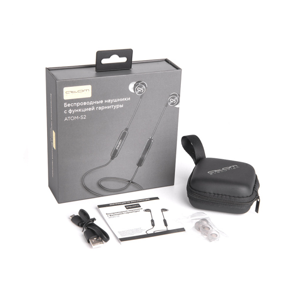 Наушники беспроводные спортивные вкладыши АТОМ-S2, Bt4.1, раб. до 9ч, защита IPX6, кейс, Atom, 14118