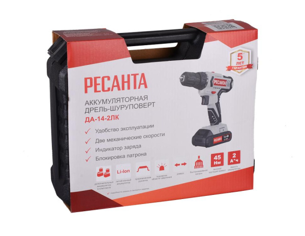 Дрель-шуруповерт аккумуляторная ДА-14-2ЛК Ресанта, 75/14/4